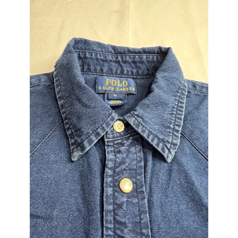 Polo Ralph‎ Lauren Western Denim Shirt Kids 6 Blue Short Sleeve Pearl Snap PA51